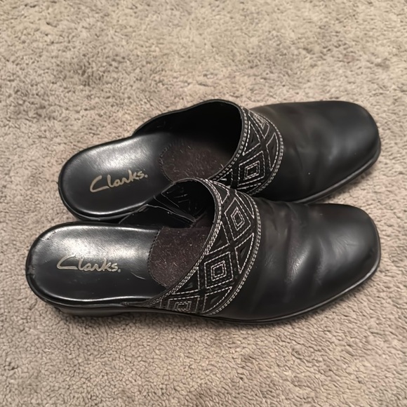 Clarks Shoes - Clarks Black Leather Mules with Embossed Detailing
